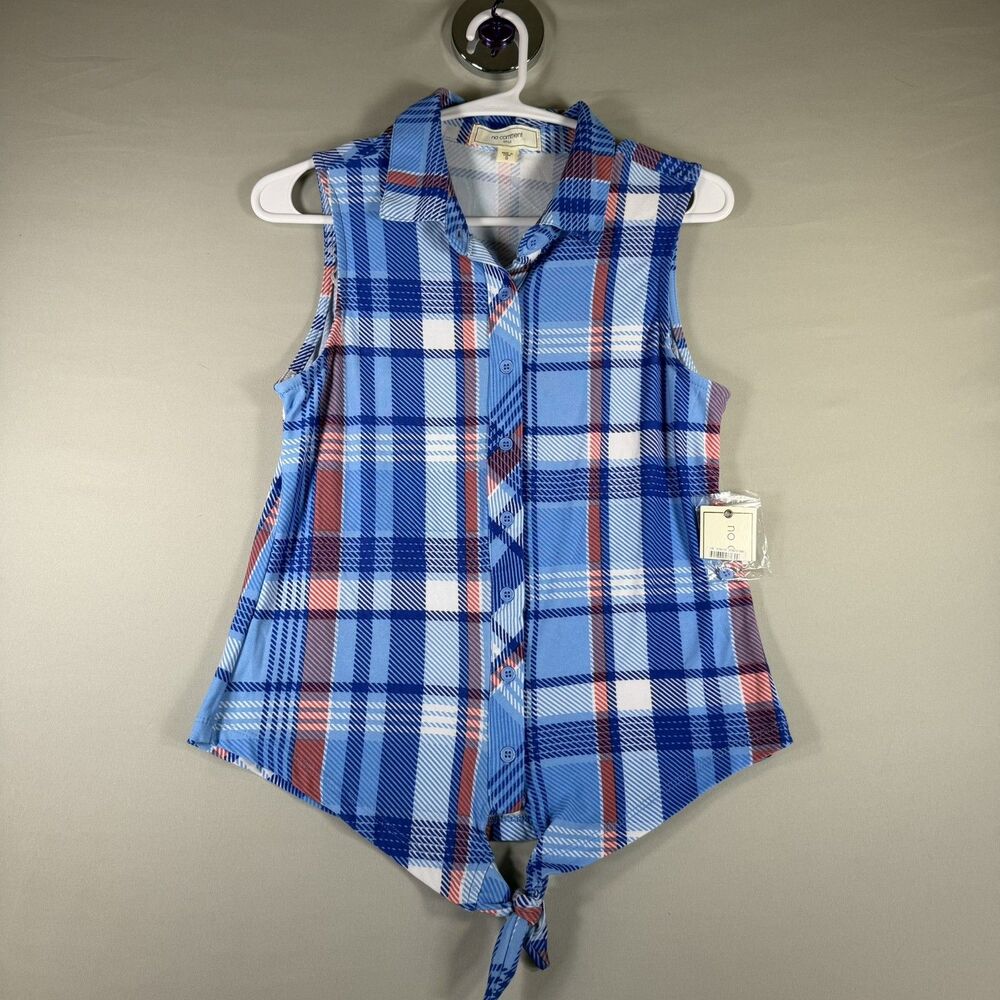 No Comment Plaid Women's Sz XS Sleeveless Button Front blue Shirt Tie Front